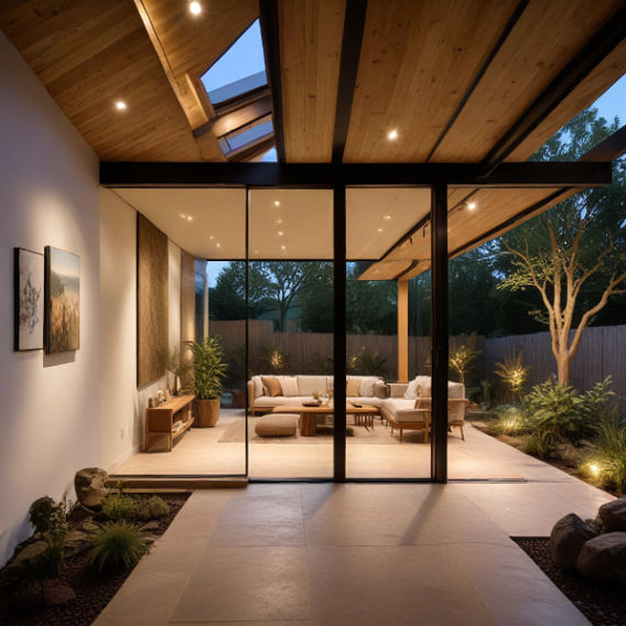 A modern home extension featuring open spaces, natural materials, and soft lighting for warmth.