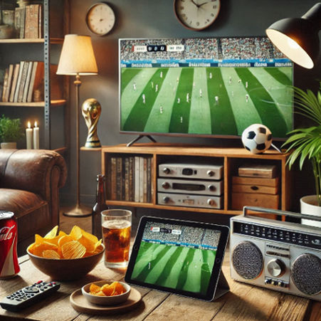 A cozy living room with a radio playing music, a tablet streaming a soccer match, and snacks.