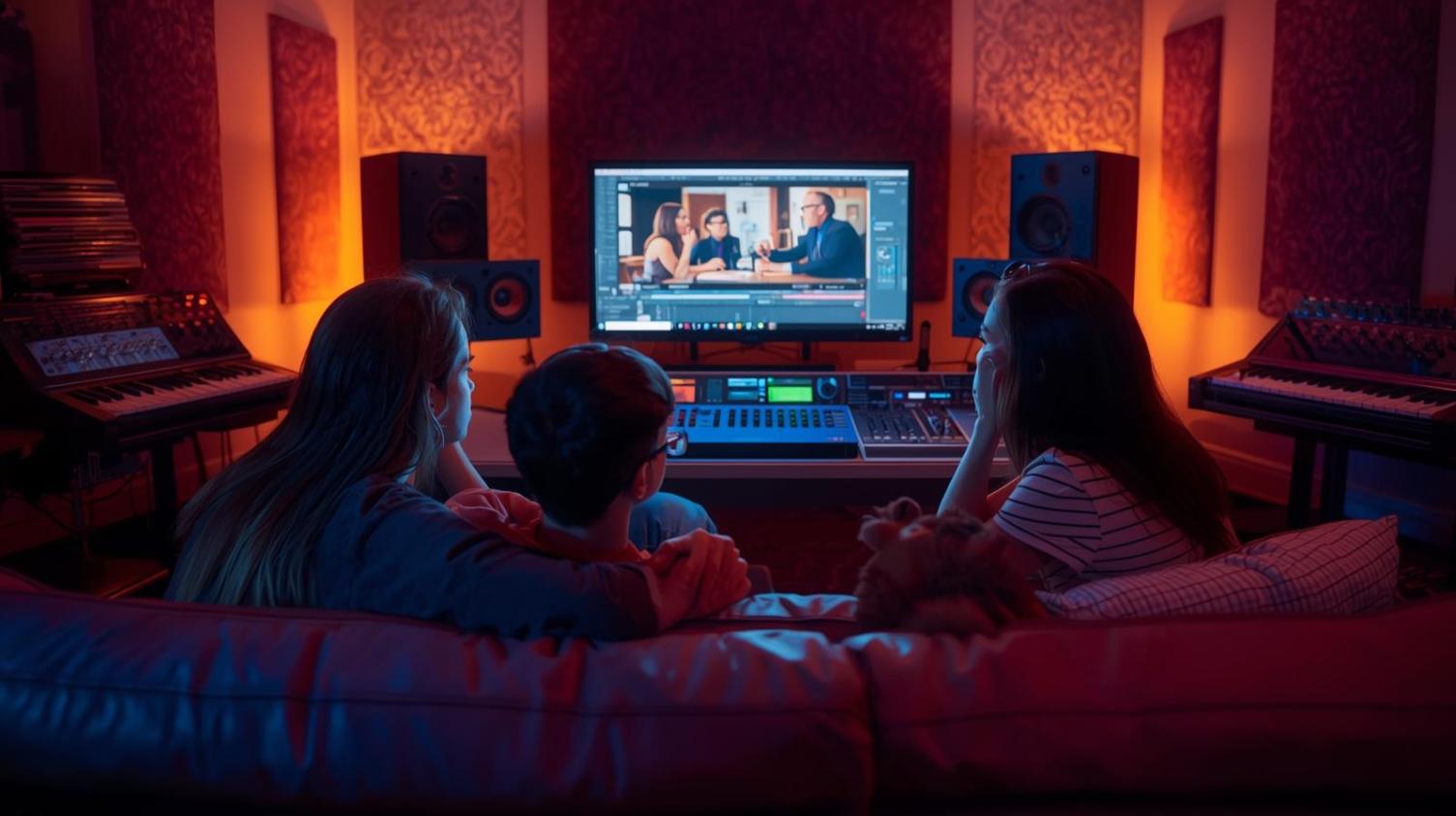 Three people enjoy movie streaming beside audio gear in a bright creative studio.