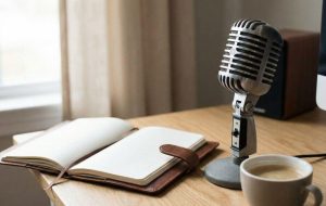 A local microphone on a table with notebook and a cup of coffee