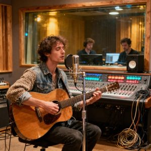 Indie artist performing live in a radio station studio, microphone, guitar, sound engineers behind glass in a cozy modern setup