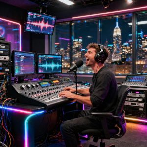 Modern radio studio with a live DJ speaking into a microphone, soundboards, headphones, glowing screens, and city skyline in the background