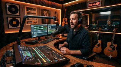 A professional radio broadcasting studio featuring a host speaking into a microphone, and audio mixing console.