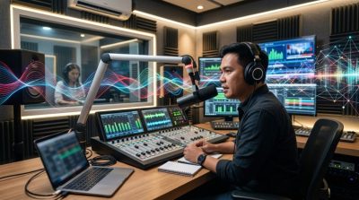 Professional radio studio with microphone, headphones, audio mixing equipment